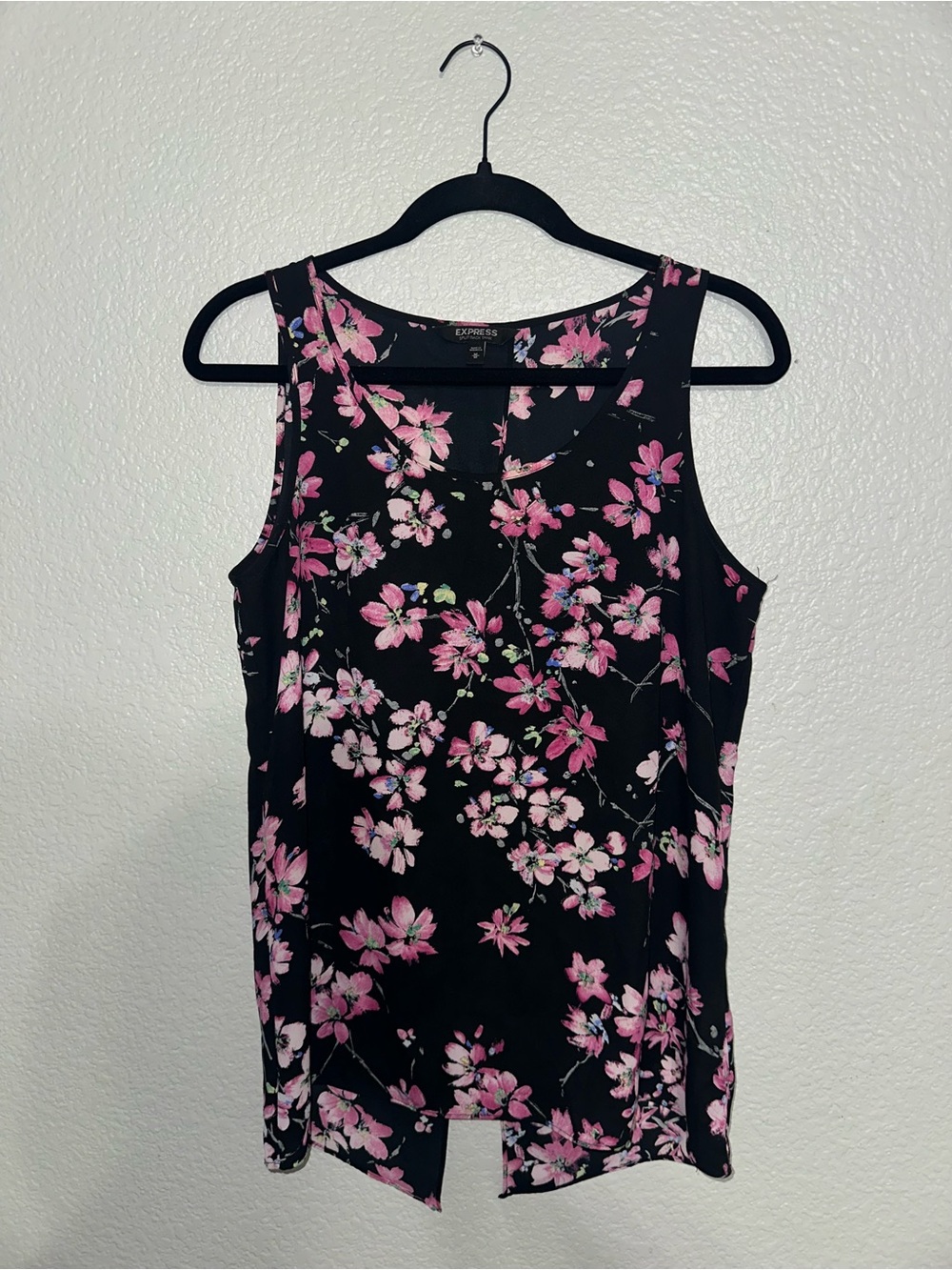 Express Black Split - Back Tank Top with Purple Floral Print
